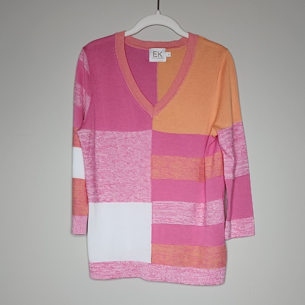 Edinburgh Knitwear Cotton Knit Tunic Length Color Block Sweater Small